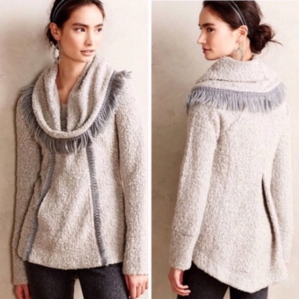 Anthropologie Angel of the North Gray Wool Blend Fringe Cowl Neck Sweater